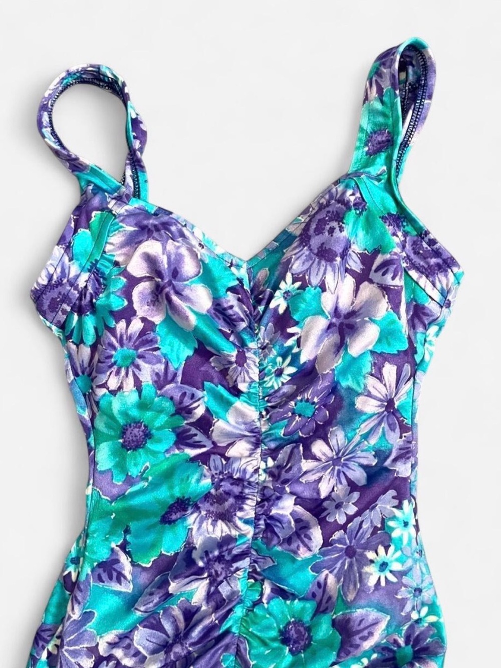 Vintage Le Cove One Piece Swimsuit Size 8 Floral Ruched Purple Teal Blue Retro - Picture 2 of 8